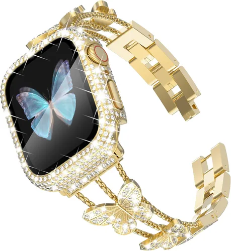 Vista 15 de Correa Bling y Funda WINGLE para Apple Watch para Mujeres 40mm SE 3/2/1 Series 6 5 4, Correa de Brazalete de Metal con Diamantes de Imitación