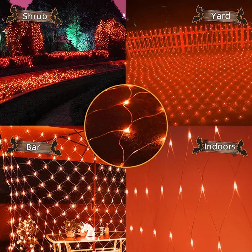 Vista 6 de Luces de red de Halloween, 360 luces LED de malla de 12 pies x 5 pies con 8 modos de control remoto, red impermeable de luces de arbusto de Navidad