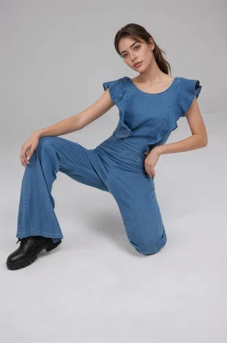Vista 5 de Omoone Overol de mezclilla acampanado para mujer, con mangas con volantes, espalda descubierta, elástico, azul