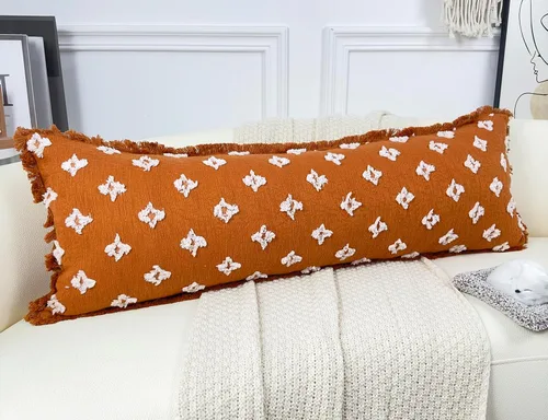 Vista 11 de Funda de almohada lumbar larga bohemia de 12 x 36 pulgadas con flecos de borlas, funda de almohada lumbar extra decorativa con patrón de flores 3D