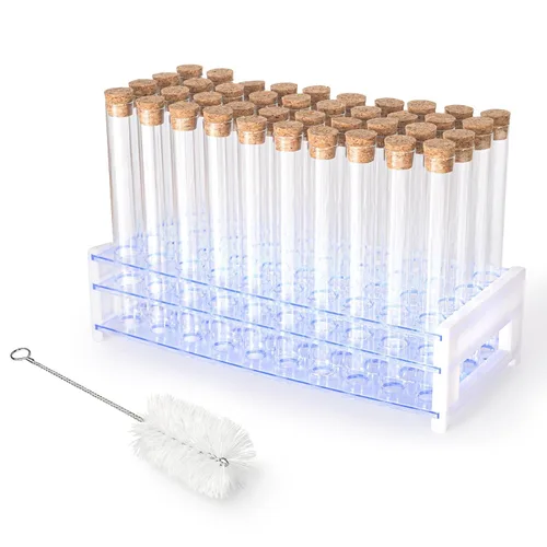 Vista 11 de 50 tubos de ensayo de vidrio transparente de 0.5 fl oz (0.512 x 3.937 in) con tapones de corcho y 1 estante de tubos de plástico de 50 agujeros