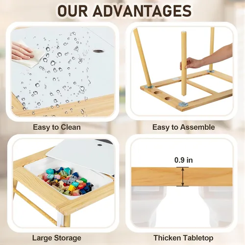 Vista 4 de Juego de mesa y sillas de madera, mesa de actividades con taburete, 2 contenedores de almacenamiento y soporte para rollos de papel, mesa de comedor