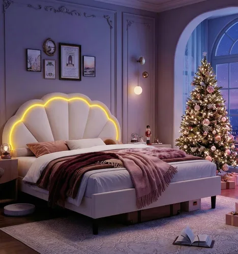 Vista 9 de Base de cama LED tapizada individual para niñas con cabecero de pétalos ajustable, color beige