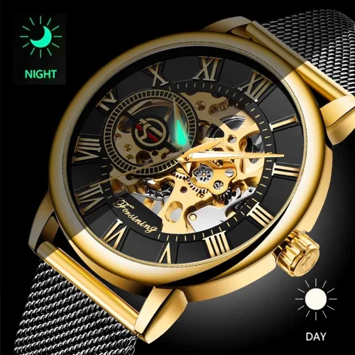 Vista 4 de Reloj de Esqueleto para Hombre Clásico con Números Romanos Steampunk Reloj Mecánico de Cuerda Manual Relojes para Hombre (Azul)