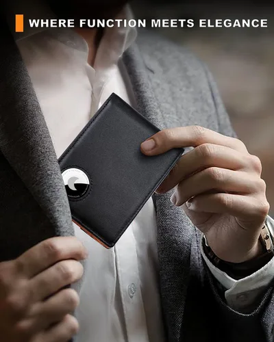 Vista 22 de Billetera AirTag para hombre, de piel auténtica plegable con bloqueo Rfid AirTag con ranuras para efectivo y ventana de identificación, compatible