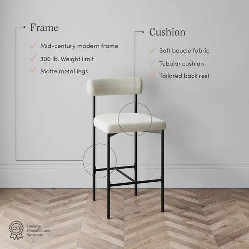 Vista 4 de Nathan James Dahlia - Silla de altura para encimera, taburete de bar moderno tapizado en bouclé con respaldo, patas de metal de mediados de siglo