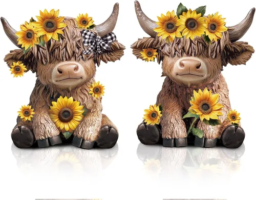 Vista 9 de Wesiti 2 figuras de vaca de las tierras altas de béisbol, bonita estatua deportiva de resina con murciélago y pelota, regalos para fanáticos
