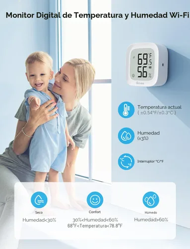 Vista 3 de Govee Termómetro WiFi, higrómetro H5103, sensor de humedad y temperatura Bluetooth para interiores con pantalla de tinta electrónica, alerta