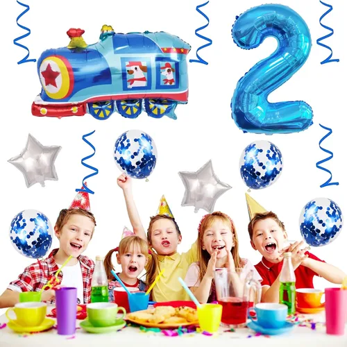 Vista 3 de Globos de tren de 2º cumpleaños, globo gigante de aluminio de Mylar número 2 para fiesta de ferrocarril, color azul