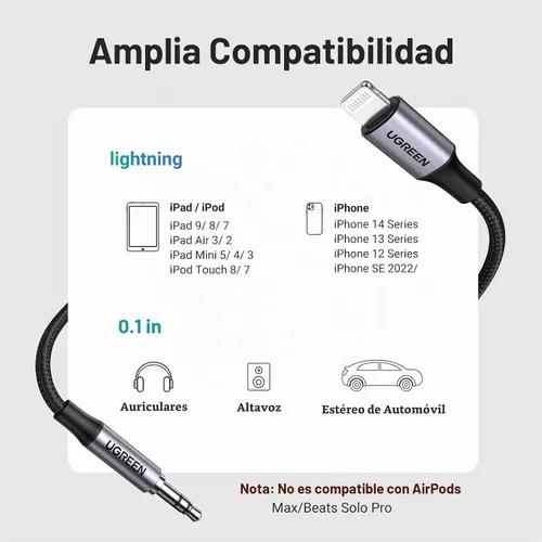 Vista 4 de UGREEN Cable auxiliar para iPhone MFi certificado Lightning a cable
