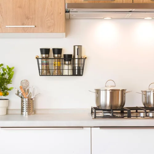 Vista 3 de Cestas colgantes de metal negro con asa, organizador de almacenamiento de pared de alambre con ganchos, cestas adhesivas para cocina, baño