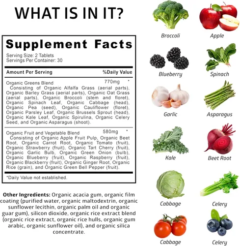 Vista 2 de USDA Organic Superfood Greens [28 ingredientes potentes] Cápsulas naturales Super Greens, suplemento de frutas y verduras con alfalfa, raíz