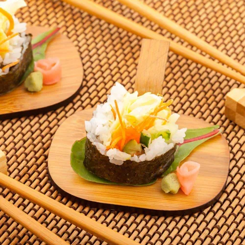 Vista 3 de Restaurantware Platos de bambú de 4 x 3 pulgadas, 100 platos ovalados de pastelería, con asa, mini platos de bambú desechables para bodas, fiestas