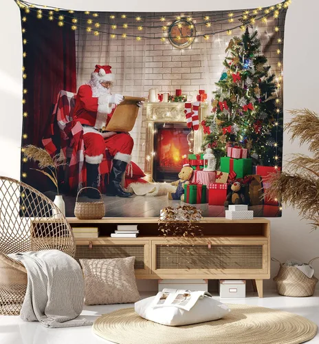 Vista 8 de Ambesonne Tapiz de Papá Noel, viejo Papá Noel sentado en casa en la noche de Navidad, leyendo una carta cerca del árbol, colgante de pared ancho