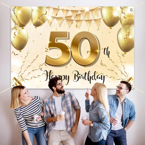 Vista 5 de HAMIGAR Fondo de pancarta de feliz cumpleaños 50 de 6 x 4 pies, decoraciones de cumpleaños de 50 años, suministros de fiesta para mujeres, oro blanco