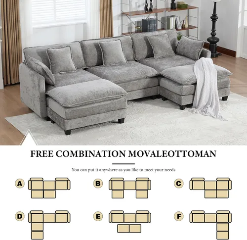 Vista 218 de Sofá seccional modular verde de 111.5", sofás seccionales grandes de 3 plazas para sala de estar, sofá nube oversized de tela chenille con otomana