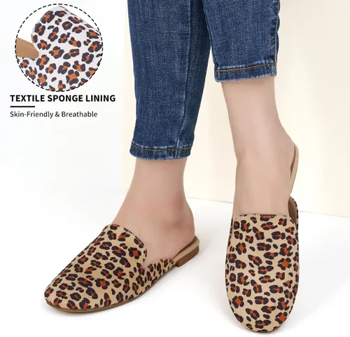 Vista 5 de Ecetana Mocasines para mujer, cómodos, planos, de leopardo, sin cordones, puntera redonda, sin espalda, de gamuza, zapatos para mujer