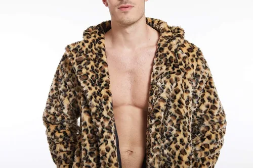 Vista 5 de UMREN Abrigos de piel sintética de leopardo para hombre, chaqueta larga de lujo, parka cárdigans