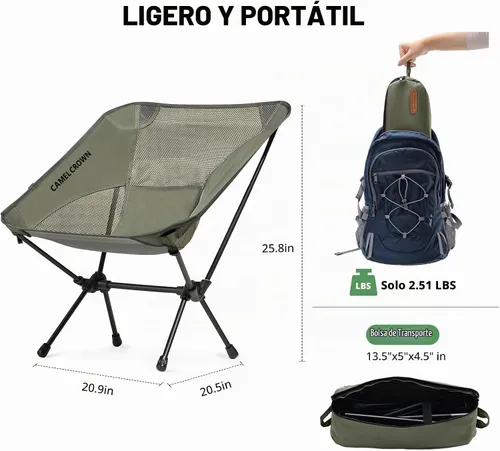 Vista 2 de CAMEL CROWN Silla de camping resistente para mochileros, silla plegable ultraligera con bolsa de transporte, portátil compacta para exteriores
