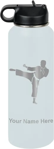 Vista 56 de Botella de agua personalizada LaserGram, Karate Man, de acero inoxidable con aislamiento al vacío de doble pared con tapa abatible, regalo grabado