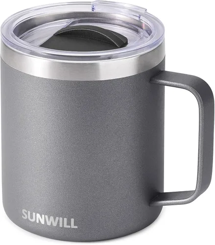 Vista 31 de SUNWILL - Taza de café de viaje con tapa, taza aislada con asa, taza de acero inoxidable de 14 oz para hielo, agua, té, color oro rosa
