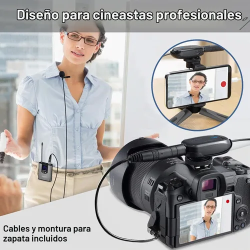 Vista 2 de Alvoxcon Sistema de micrófono inalámbrico Lavalier de doble canal UHF con control de volumen para iPhone, DSLR, altavoz PA, YouTube, Podcast