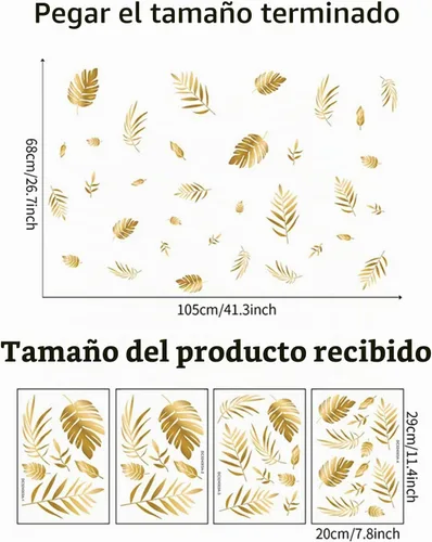 Vista 3 de Calcomanías de pared de hojas doradas, calcomanías de pared de hojas botánicas para despegar y pegar para sala de estar y dormitorio