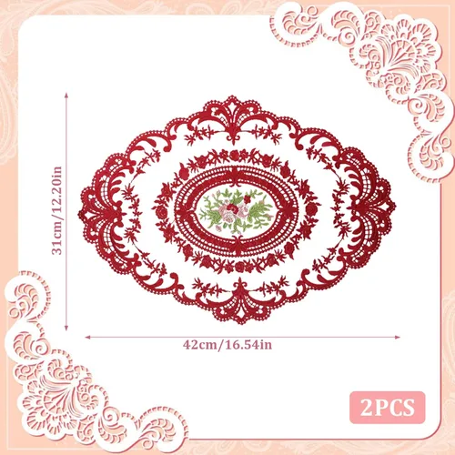 Vista 4 de Mantel para mesa auxiliar, manteles individuales de encaje, 2 piezas de malla ovalada bordada de flores de 16.5 x 12.2 pulgadas, manteles