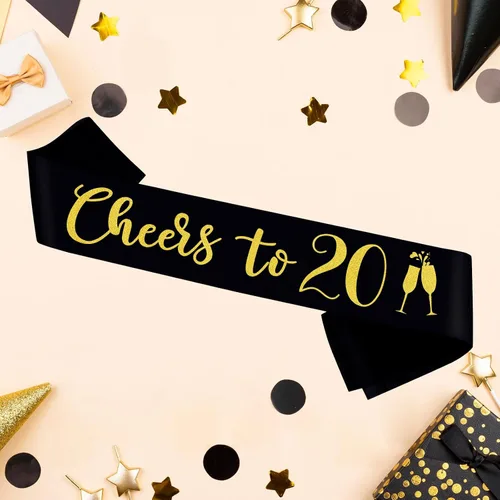 Vista 4 de Banda con texto en inglés "Cheers to 20", banda de oro negro con texto en inglés "It's My 20th Birthday" para mujeres y hombres, regalos de feliz 20