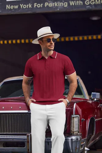 Vista 119 de COOFANDY Camisas polo de punto para hombre de manga corta con textura acanalada Camisas de golf casuales y ligeras con cuello Camiseta de polo