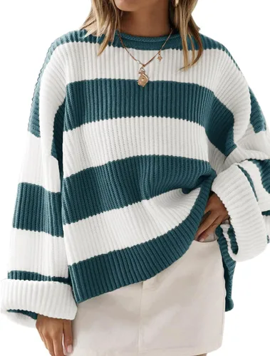 Vista 27 de ZESICA Suéter tejido sin botones de manga larga y cuello redondo, a rayas, bloques de color, cómodo, holgado, talla extragrande para mujer de 2024