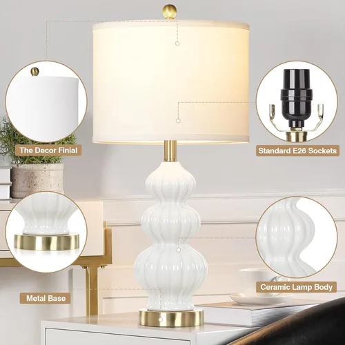 Vista 5 de Juego moderno de 2 lámparas de mesa blancas - Lámparas de noche para mesitas de cabecera, lámparas de cerámica de 66 cm con triple calabaza