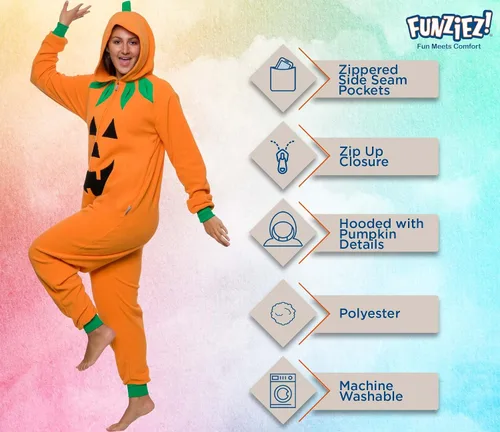 Vista 4 de Slim Pumpkin Adult Onesie - Jack O Lantern Halloween Costume - One Piece Cosplay Suit for Adults, Women and Men FUNZIEZ!