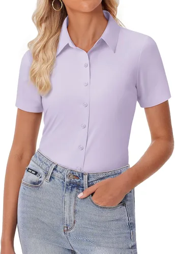 Vista 8 de siliteelon Camisa de vestir con botones para mujer, ajustada, elástica, de manga corta, sin arrugas, sólida, formal, para el trabajo