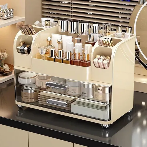 Vista 9 de Organizador de maquillaje con cajones para tocador, organizador de encimera de baño con soporte para brochas, organizador de almacenamiento