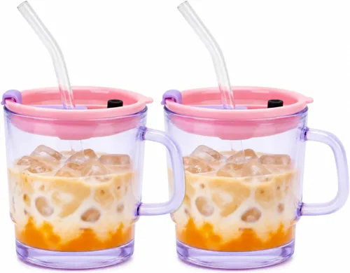 Vista 18 de Luxfuel Vaso Tumbler de Agua de Vidrio de 13 onzas con Pajita y Tapa, Tazas Reutilizables para Café Helado, Té Helado, Vaso Tumbler de Vidrio