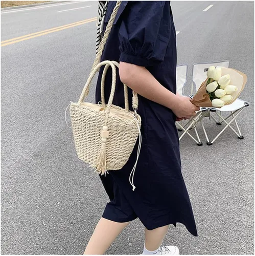 Vista 6 de Bolsos de paja para mujer, para verano, playa, tejido de ratán, con borla, para mujer