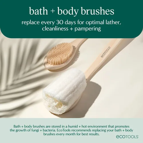 Vista 6 de EcoTools Buff + Cepillo de baño pulido, mango largo para limpiar y exfoliar la espalda y zonas difíciles de alcanzar, cepillo de ducha ecológico que