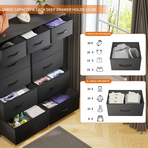 Vista 4 de Cómoda de almacenamiento de tela con 11 cajones para organización del dormitorio, cómoda con estantes profundos, bolsillos laterales y ganchos, Negro