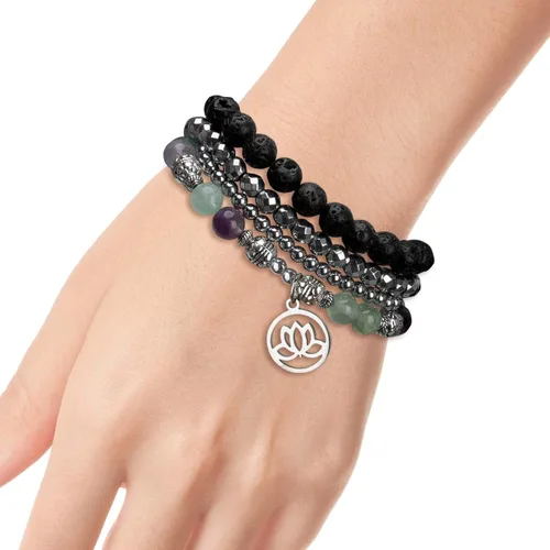 Vista 2 de SPUNKYsoul - Pulsera de hematita con flor de loto, apilable, para curación y nuevos principios