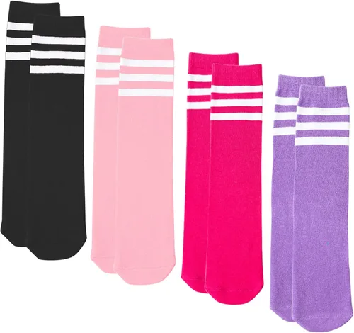 Vista 4 de UTTPLL 4 pares de calcetines de fútbol para niños y niñas, calcetines deportivos de béisbol, uniformes, rayas, hasta la rodilla, calcetines largos