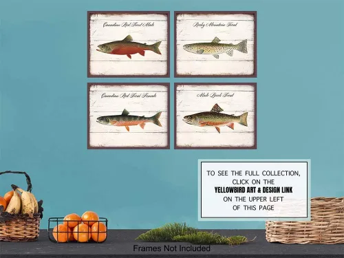 Vista 6 de Arte de pared con ilustración de trucha Denton vintage, juego de impresión fotográfica de letrero de 8 x 10 pulgadas para casa de lago o playa