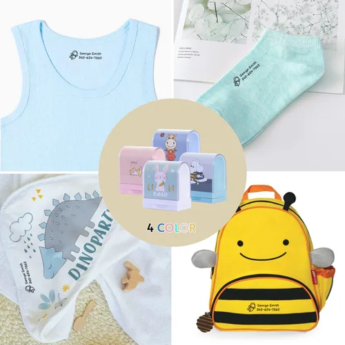 Vista 4 de Sello de nombre para ropa de niños, sello de nombre para niños, impermeable y duradero, sello de nombre de ropa para niños, 4 colores y 36 patrones