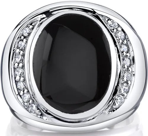 Vista 2 de PEORA Anillo de plata de ley 925 con sello de ónice negro genuino para hombre, tamaño grande de 0.591 x 0.472 in, forma ovalada, tamaños 8 a 13