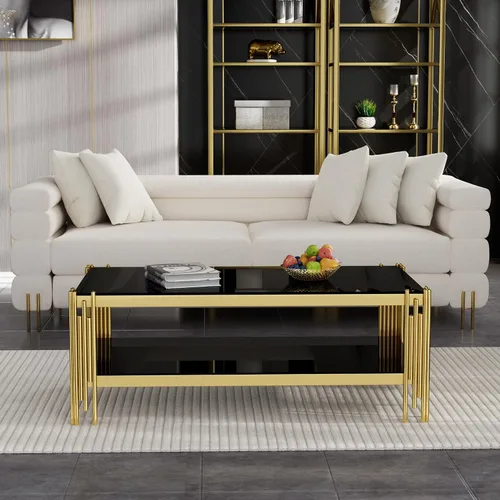 Vista 4 de Mesa auxiliar rectangular de vidrio de 48 pulgadas, mesa de centro de 2 niveles con parte superior de vidrio templado negro, patas de acero