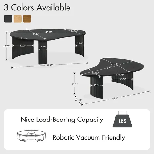 Vista 2 de Hyfirm Juego de mesa de centro anidable irregular negra con patas de madera estriada Tapas de chapa de fresno, patas de madera maciza acanaladas