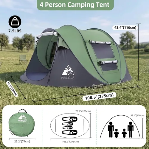 Vista 5 de Hewolf Tienda de campaña desplegable para 2/4 personas, fácil instalación instantánea, impermeable, tienda familiar automática para camping
