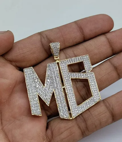 Vista 2 de DTJEWELS1.50 CT - Juego de puntas de corte redondo con diamantes de letra personalizada unisex MB alfabeto colgante de oro amarillo de 14 quilates