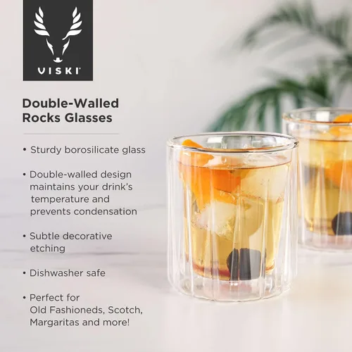 Vista 2 de Viski Vasos de doble pared con diseño de cristal cortado, aptos para lavavajillas, 10.5 onzas, juego de 2