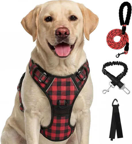 Vista 23 de FURRYFECTION Arnés a cuadros para perros pequeños, chaleco reflectante ajustable sin tirones para mascotas con clip frontal, correa, asa de fácil